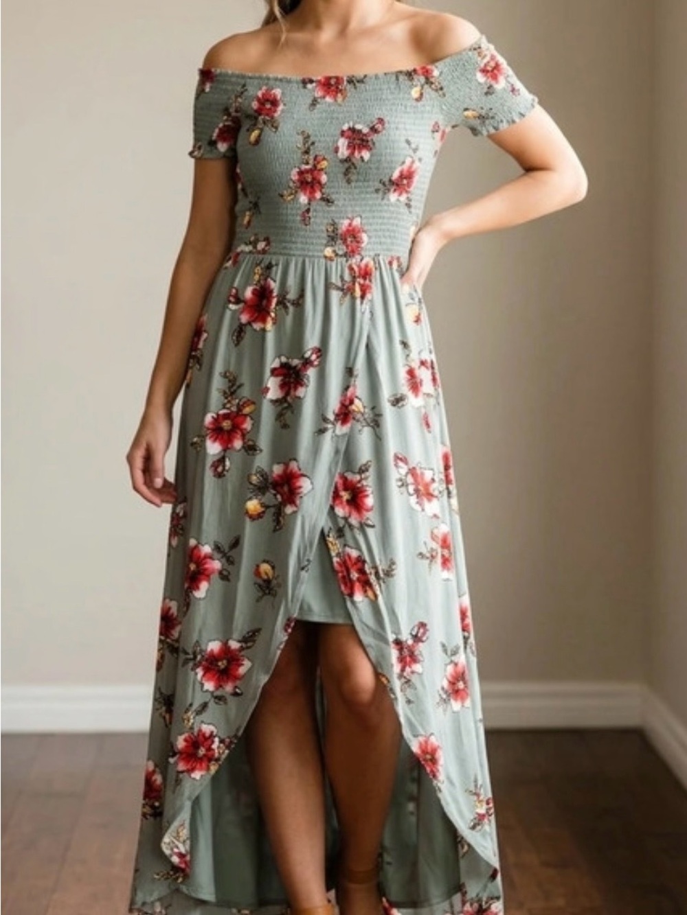 Off-Shoulder Sage Green Floral High-Low Dress